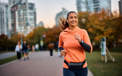 Woman runs in city.