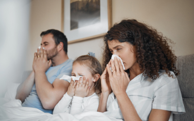 Family of three at home sick.