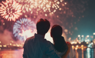 Couple watches a professional fireworks display.